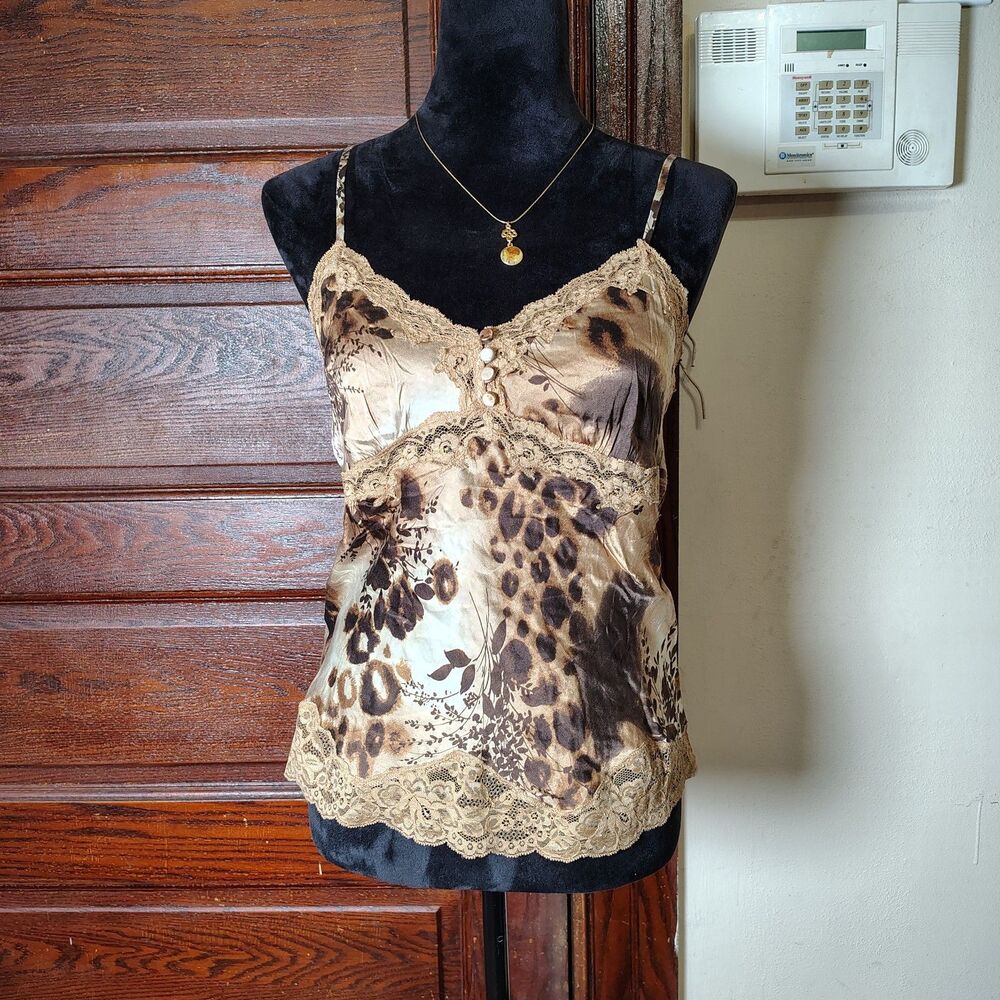 Y2K Leopard Mob Wife 95%Silk Adj Indie Sleaze Lace Camisole Sz M/T613